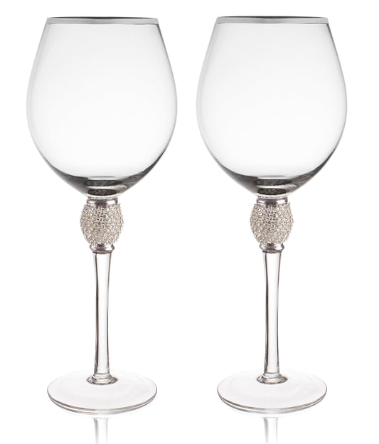 Trinkware Set of 2 Wine Glasses - Rhinestone DIAMOND Studded With Silver Rim